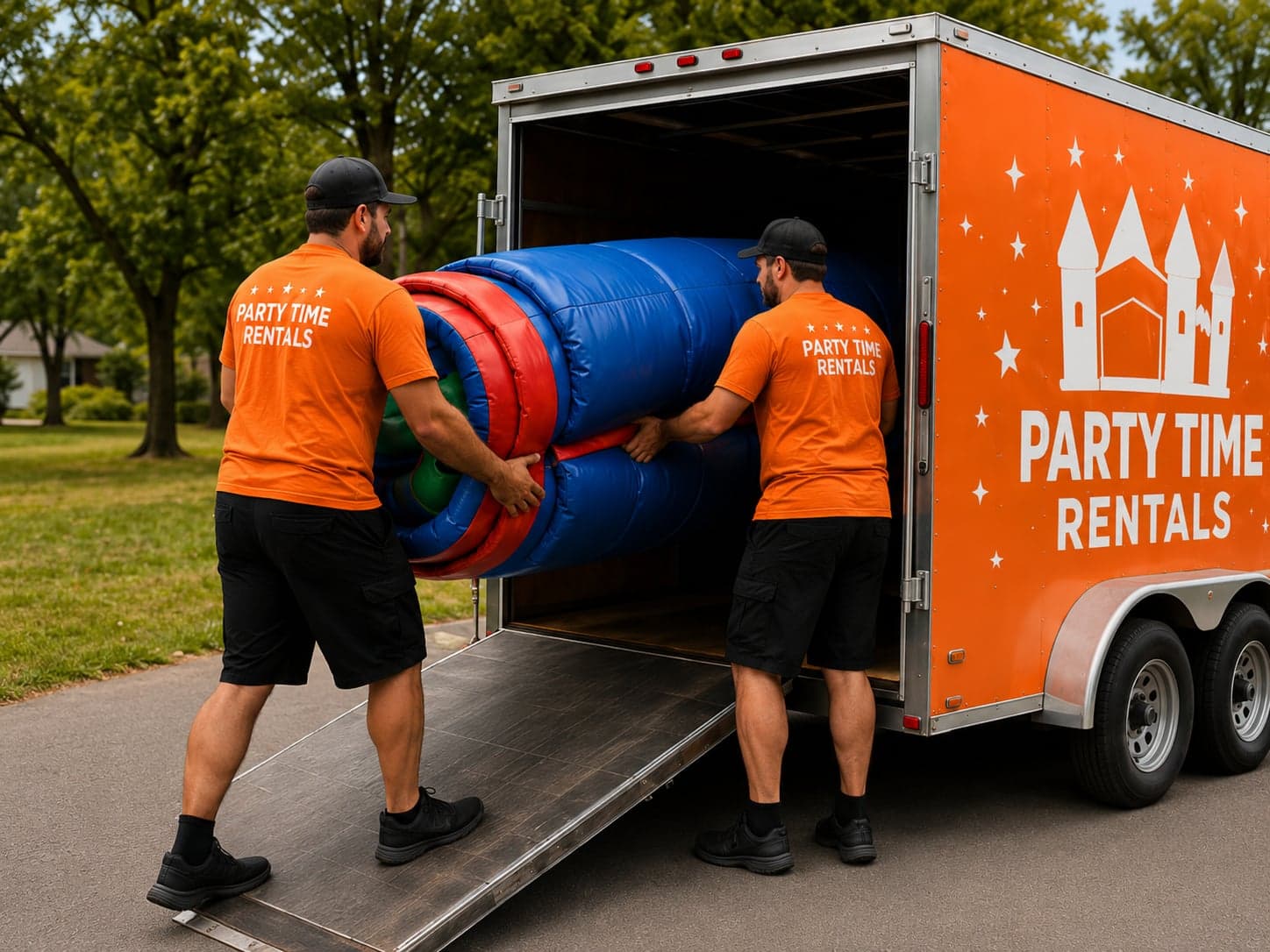 Dos trabajadores de renta de fiestas cargan un inflable en un remolque.