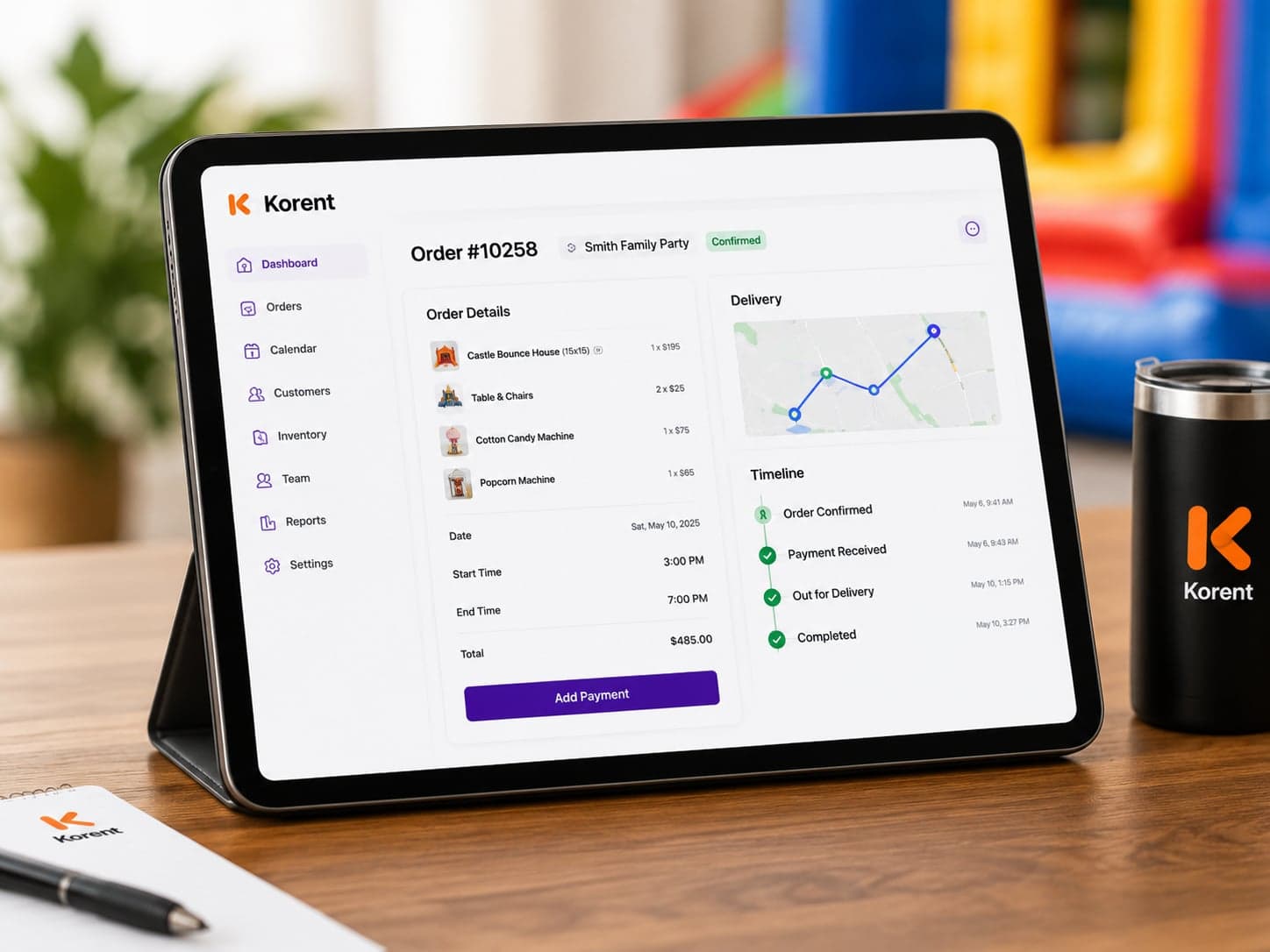 The Korent operator dashboard open on a tablet showing an order with delivery route and timeline