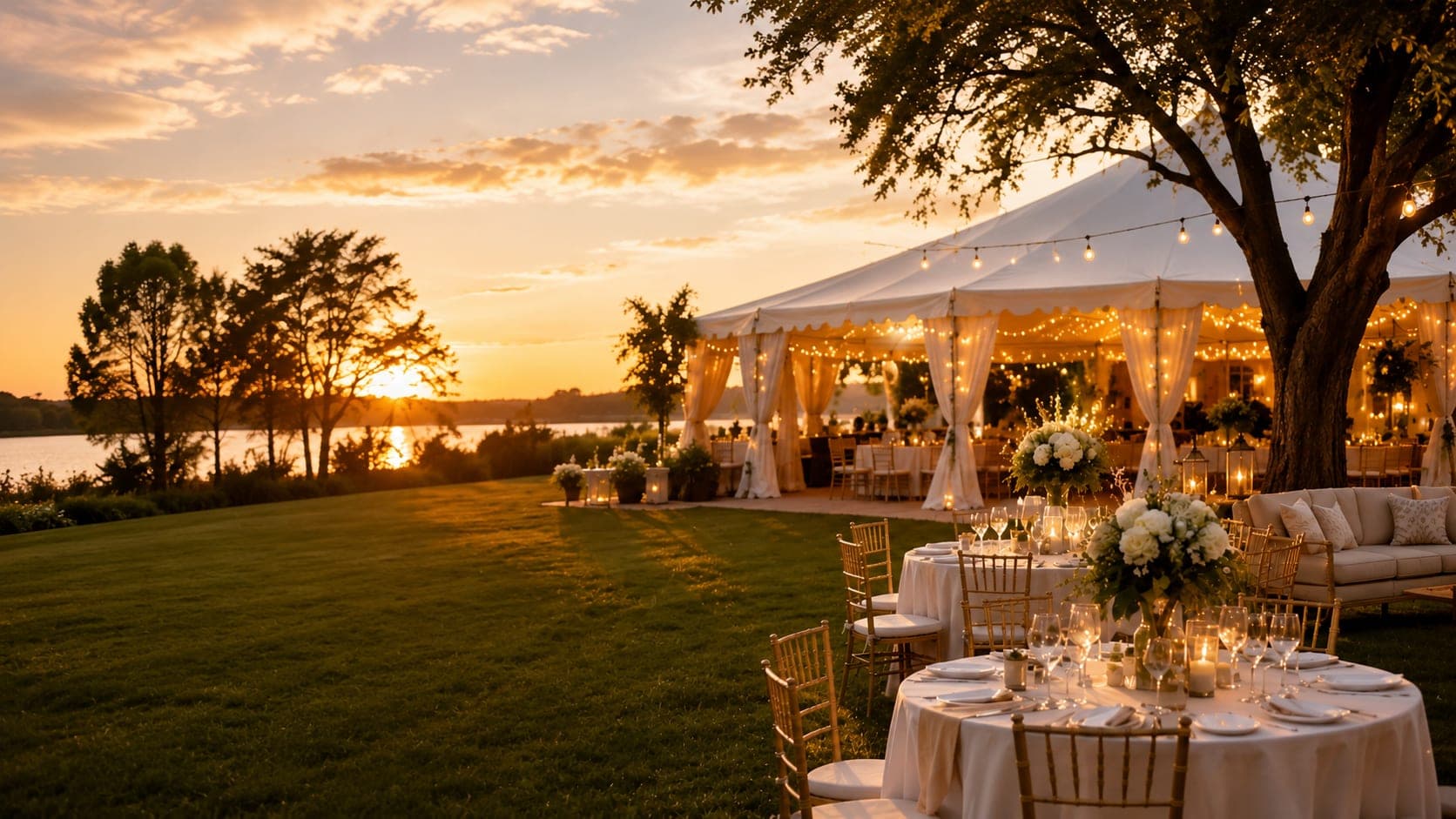 An elegant lakeside event tent at sunset with string lights, set dining tables and floral centrepieces