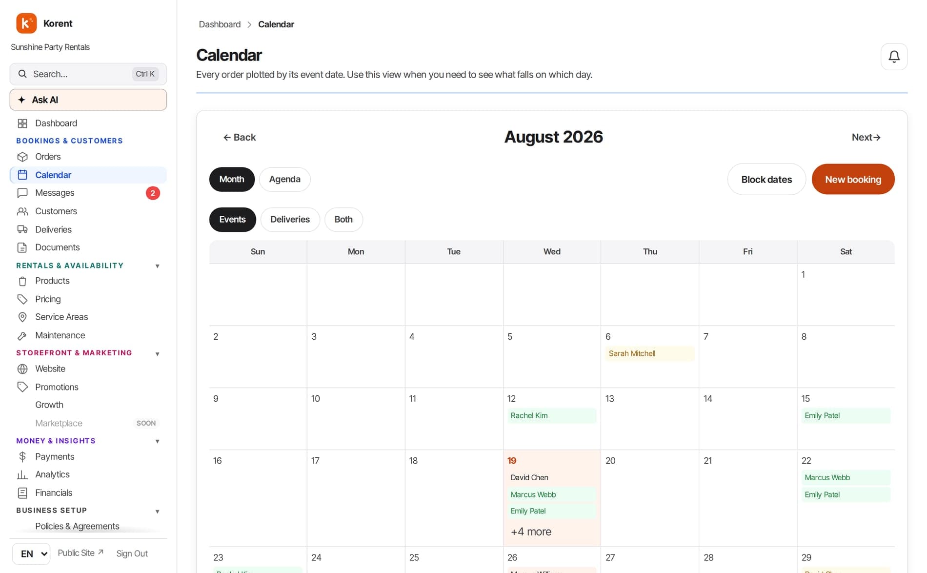 The Korent booking calendar: a month view with every confirmed rental plotted on its event date.