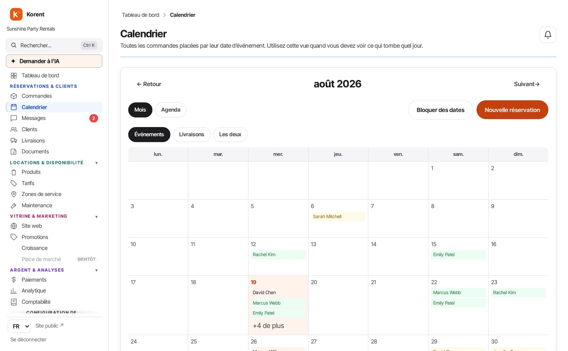 Le calendrier de réservation Korent : une vue mensuelle avec chaque location confirmée placée à sa date.