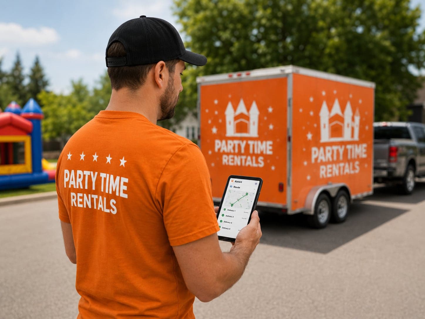 Rental operator using the Korent dashboard on a tablet next to a branded delivery trailer