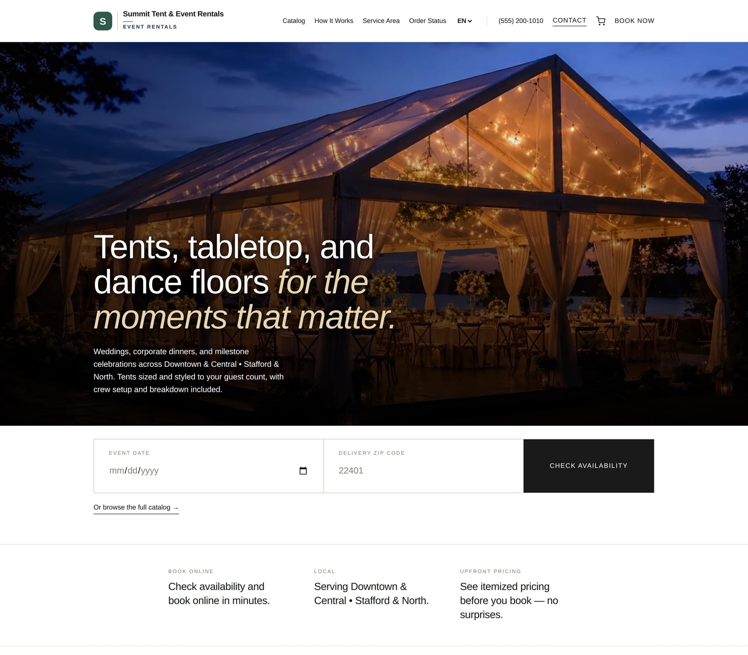 A Korent rental storefront in a browser: branded header, hero, live availability search and a bookable product catalog
