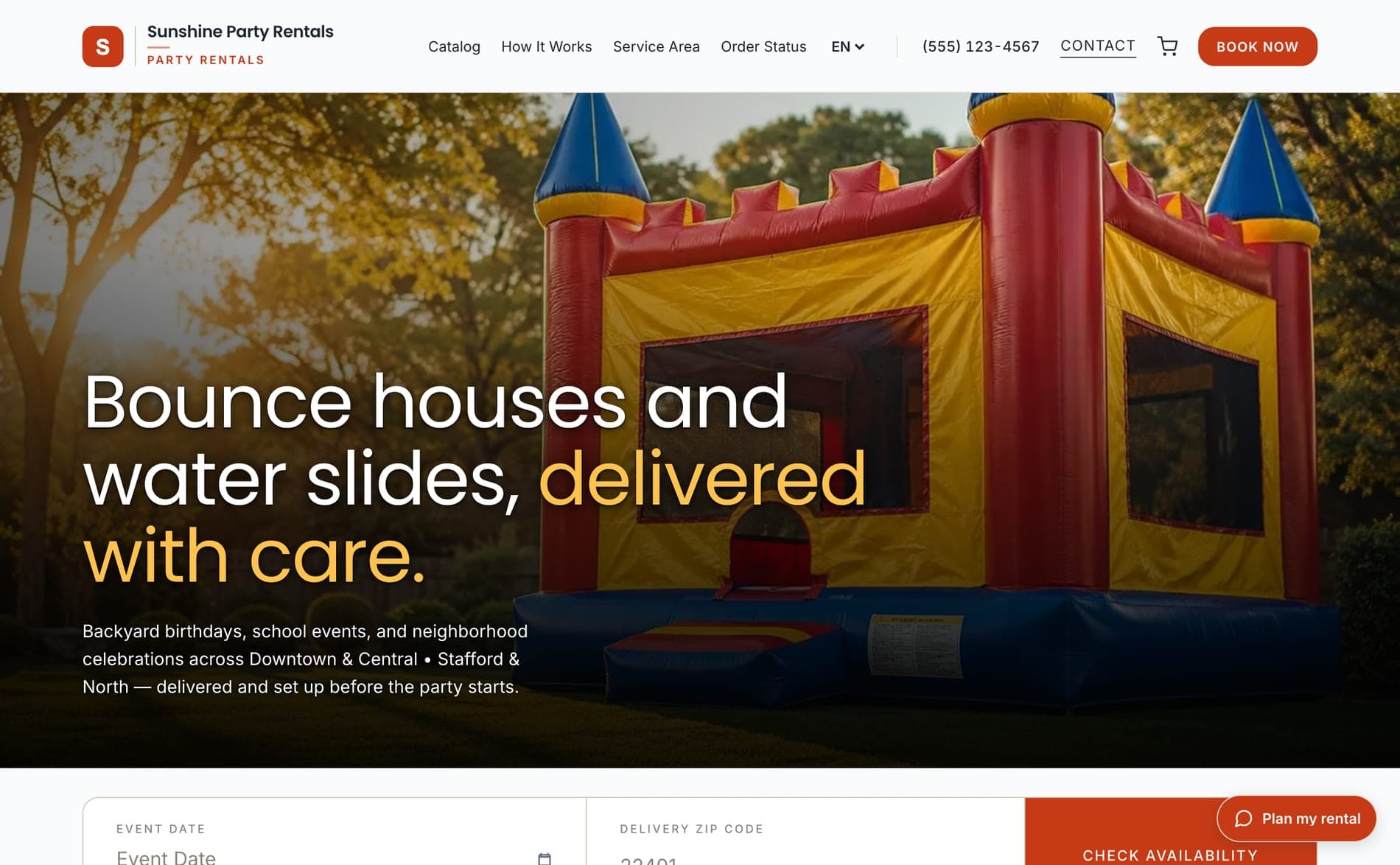 A Korent rental storefront in a browser: Sunshine Party Rentals branding, a bounce-house hero and the availability search