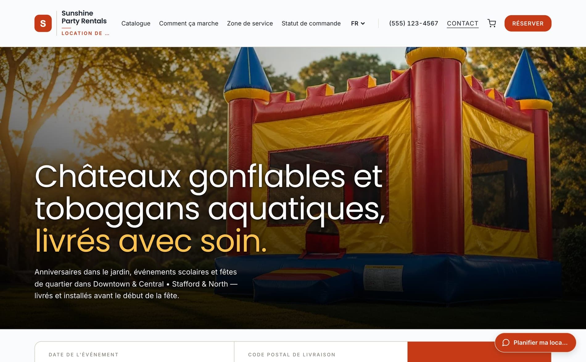Une boutique de location Korent dans un navigateur : marque Sunshine Party Rentals, visuel de château gonflable et recherche de disponibilités