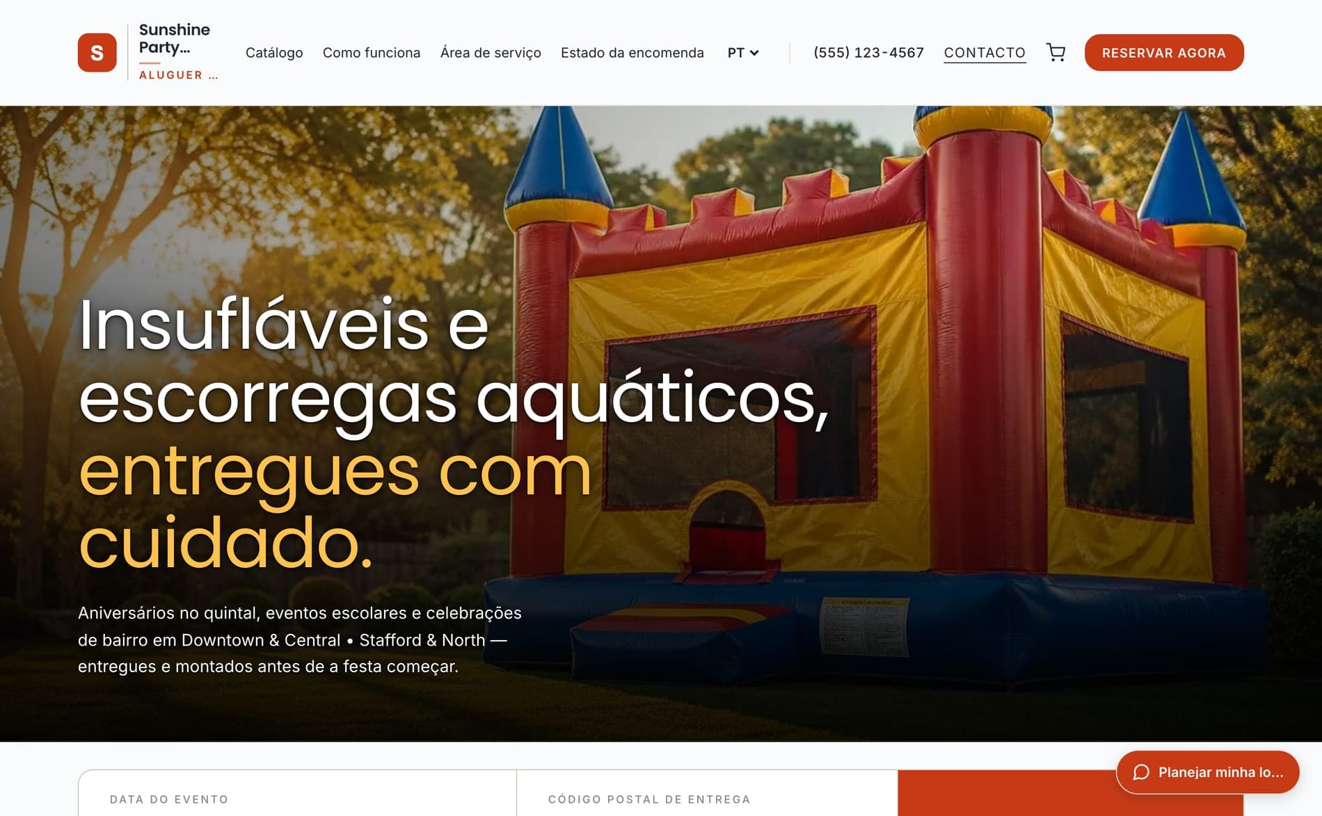 Uma loja de aluguer Korent num navegador: marca Sunshine Party Rentals, imagem de um insuflável e pesquisa de disponibilidade
