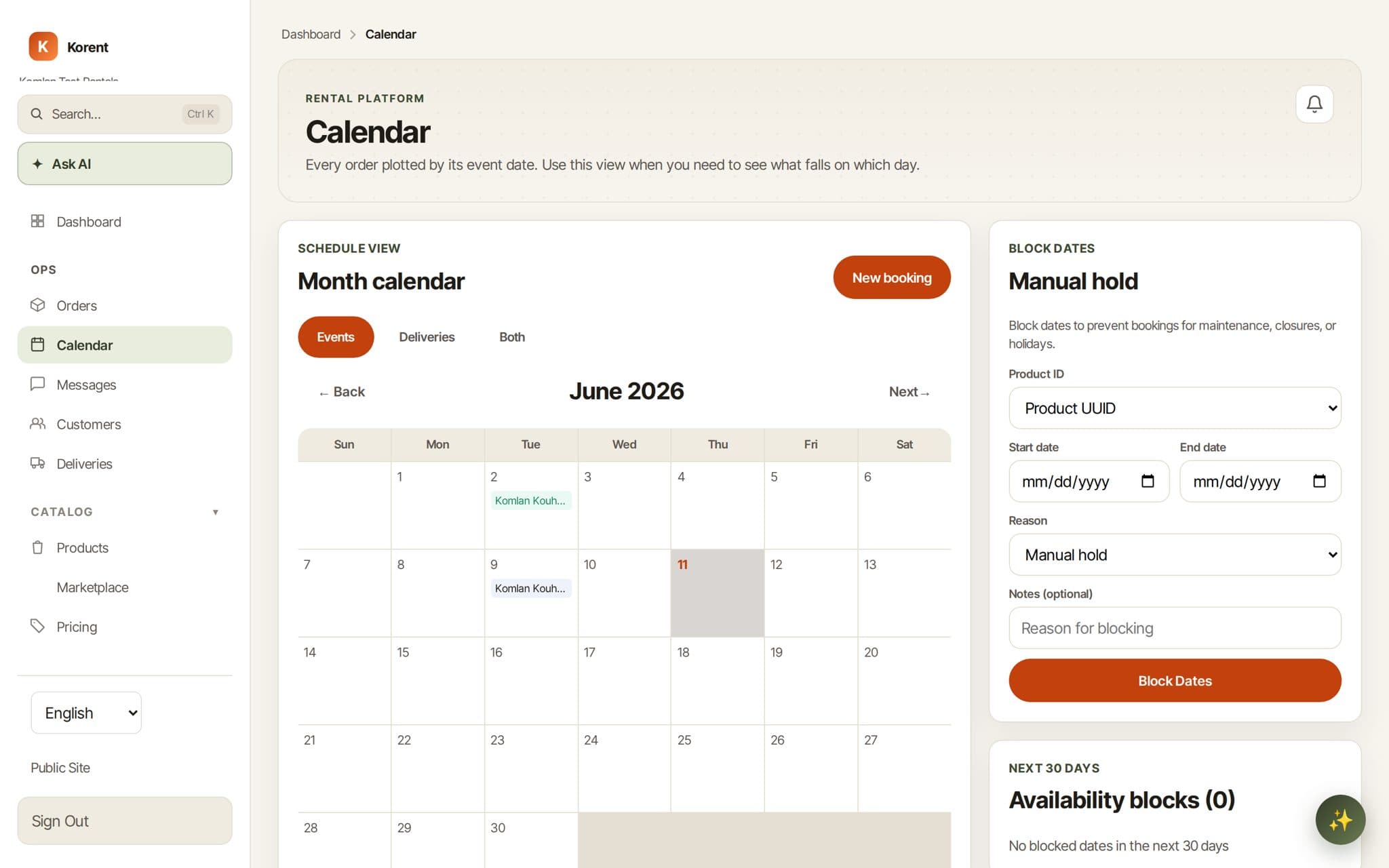 The Korent dashboard booking calendar showing a month of events alongside the manual-hold panel