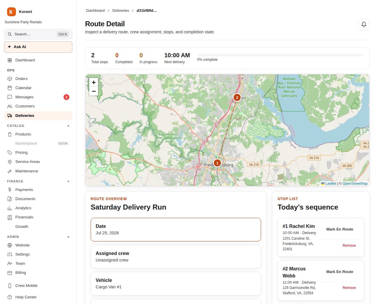 A Korent delivery route with two real stops sequenced on a map, ready to optimize