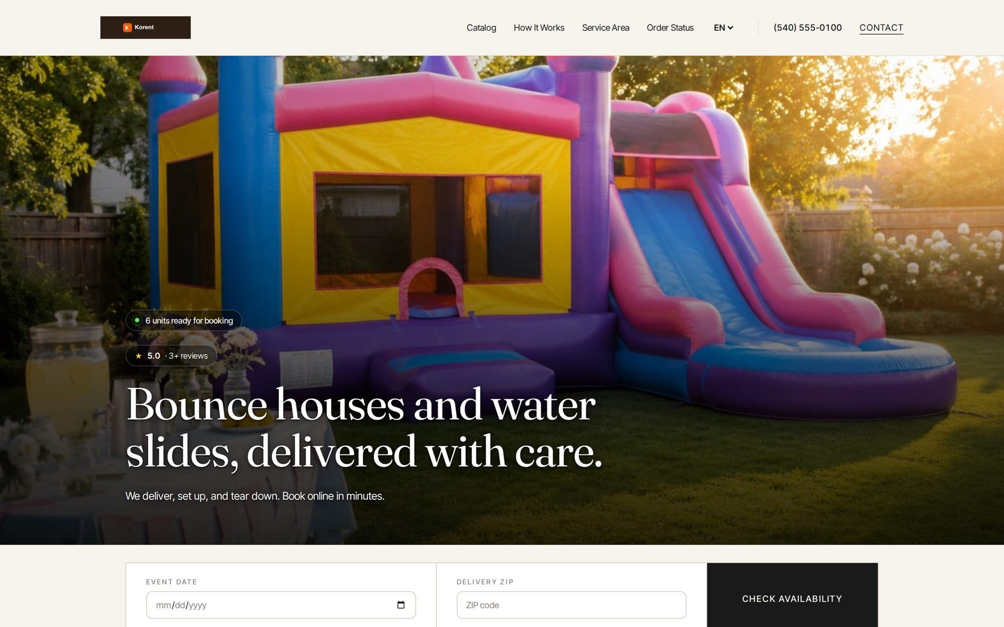 A Korent storefront showing bookable inflatable rentals with prices and availability