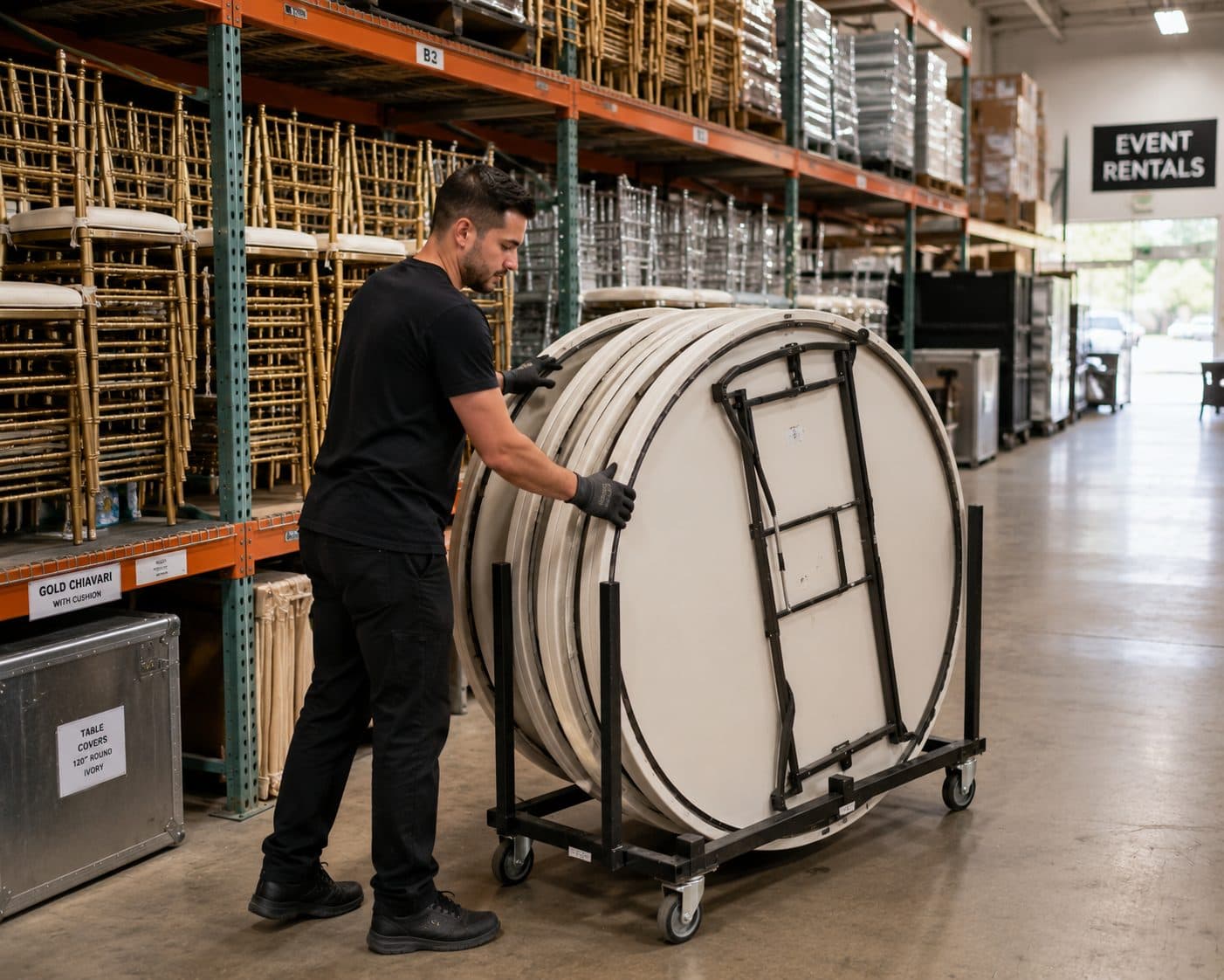 Crew preparing tables & chairs rentals for delivery