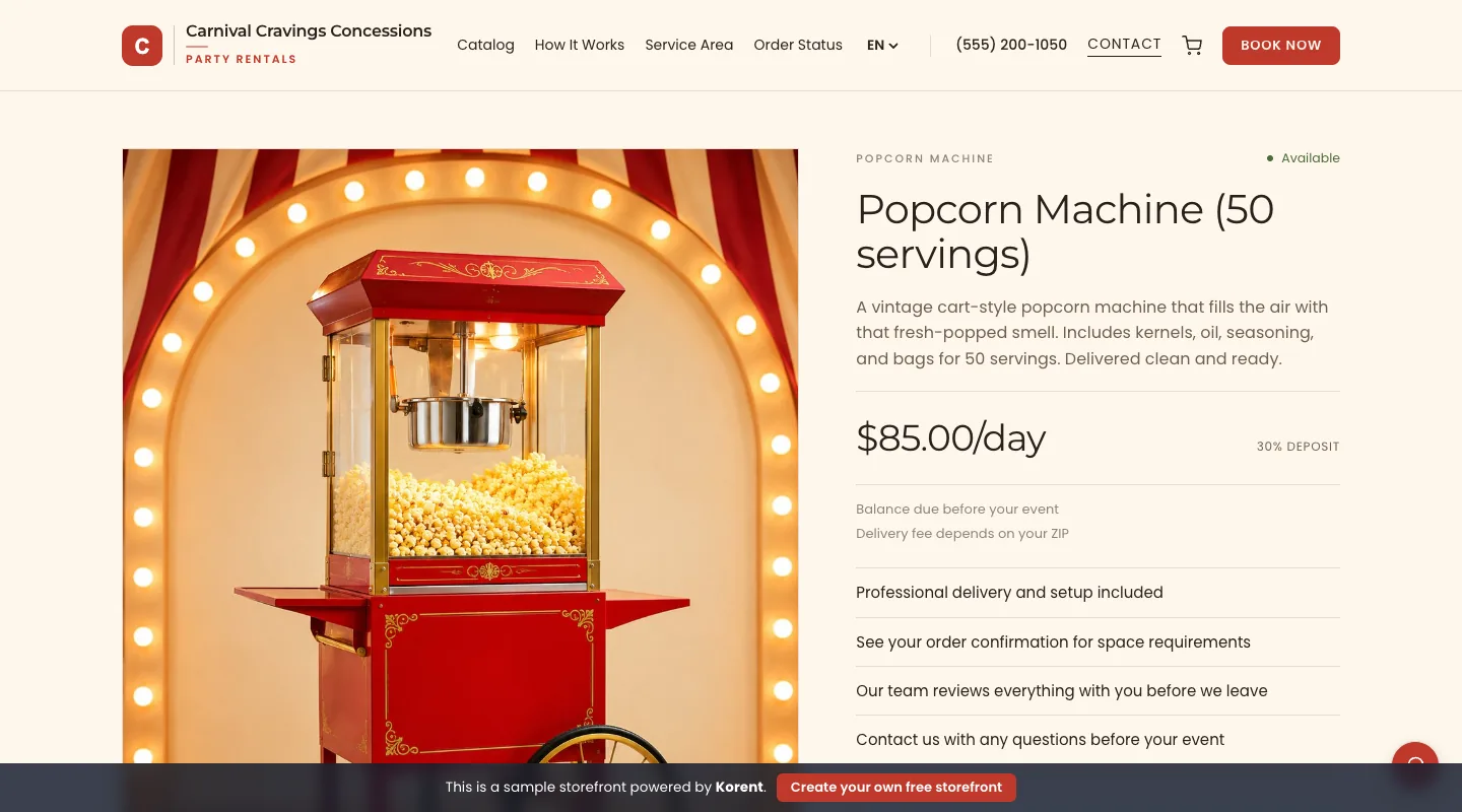 Popcorn Machine (50 servings) — See the 50-serving capacity, included supplies, power requirement, and day price.