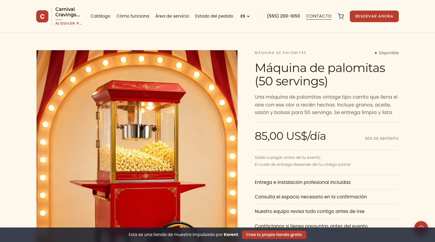 Máquina de palomitas (50 servings) — Consulta la capacidad para 50 porciones, los insumos incluidos, la electricidad necesaria y el precio diario.