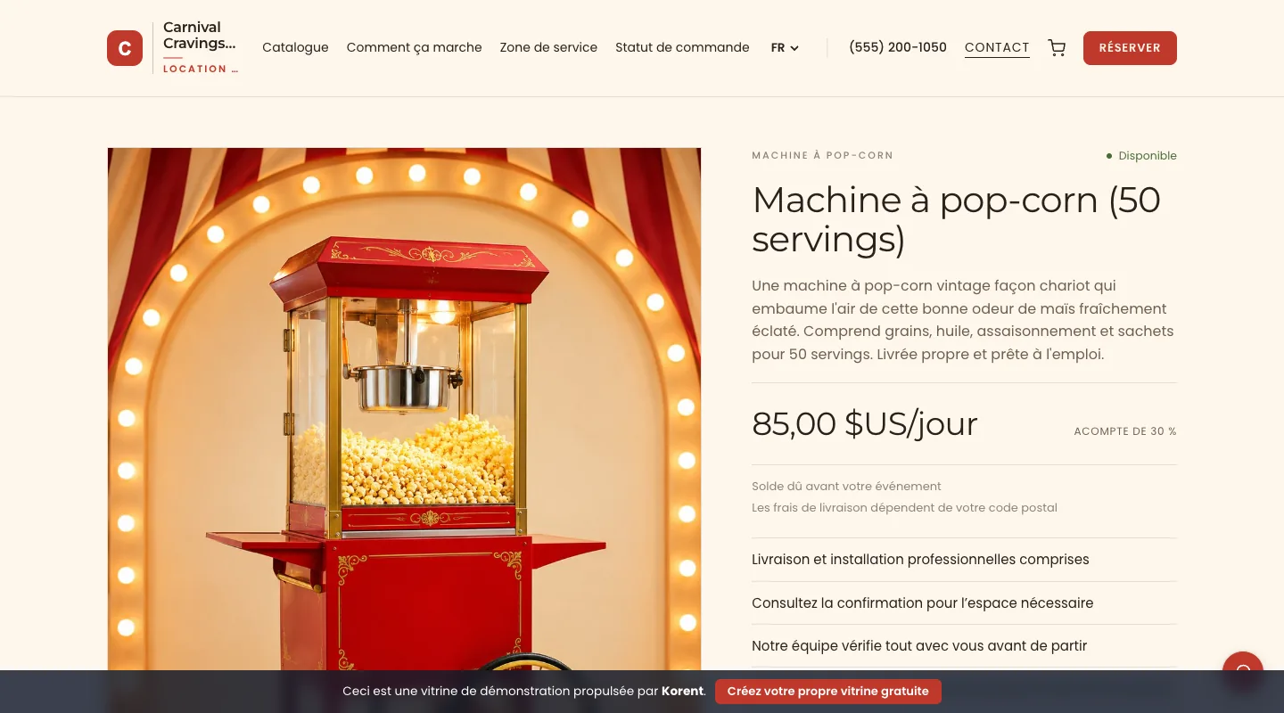 Machine à pop-corn (50 servings) — Consultez la capacité de 50 portions, les fournitures incluses, l'alimentation requise et le tarif journalier.