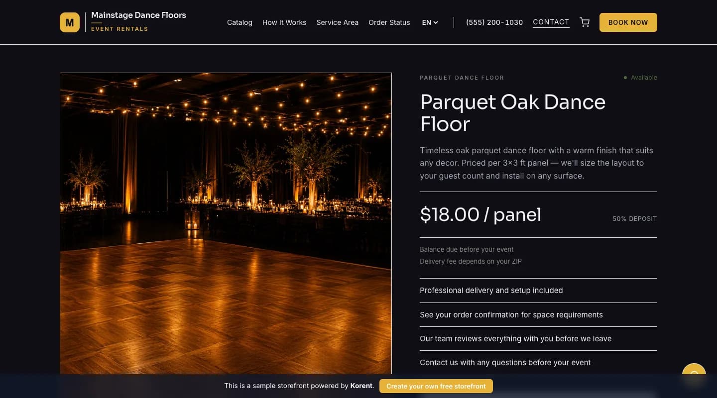Parquet Oak Dance Floor — Enter a guest count for a section recommendation, then set the number of 3×3-foot panels.