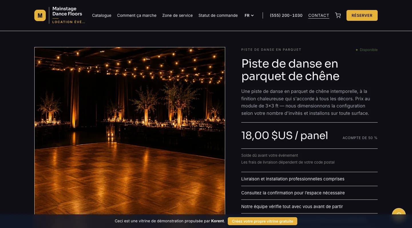 Piste de danse en parquet de chêne — Saisissez le nombre d'invités pour obtenir une recommandation, puis choisissez vos panneaux de 3×3 pieds.