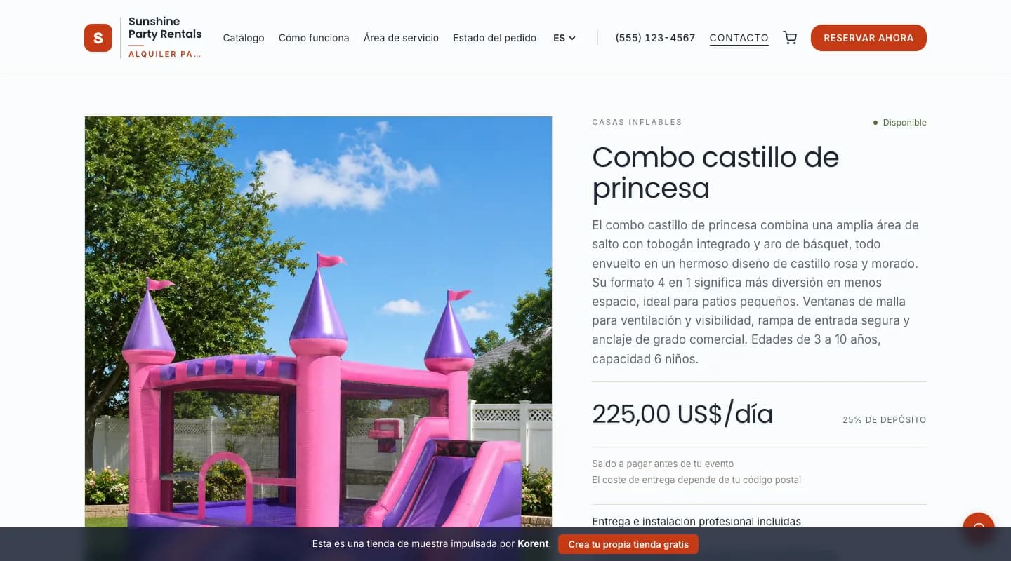 Combo castillo de princesa — Cambia entre uso seco y mojado; el precio adicional aparece antes de reservar.