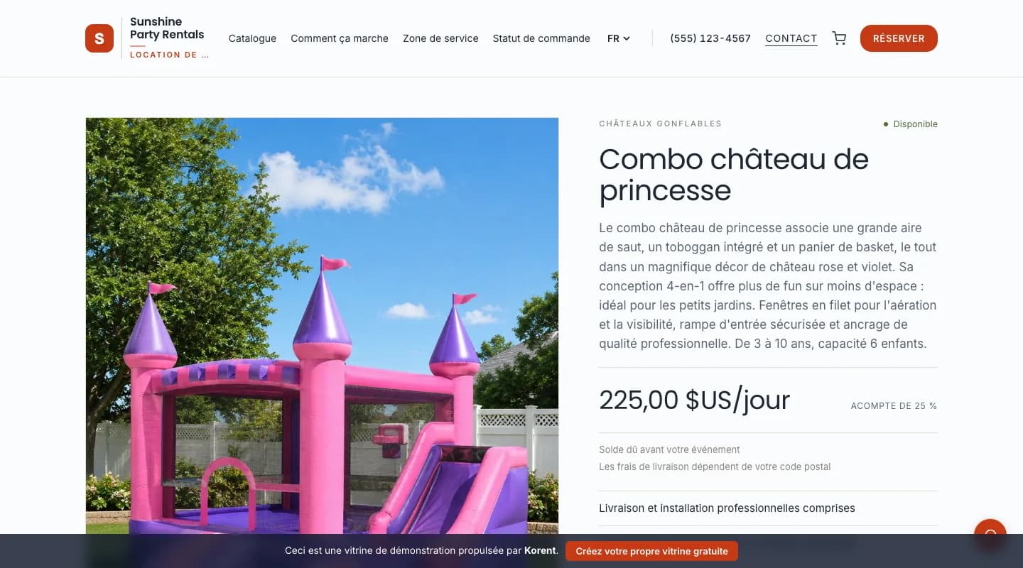 Combo château de princesse — Passez du mode sec au mode humide ; le supplément s'affiche avant la réservation.