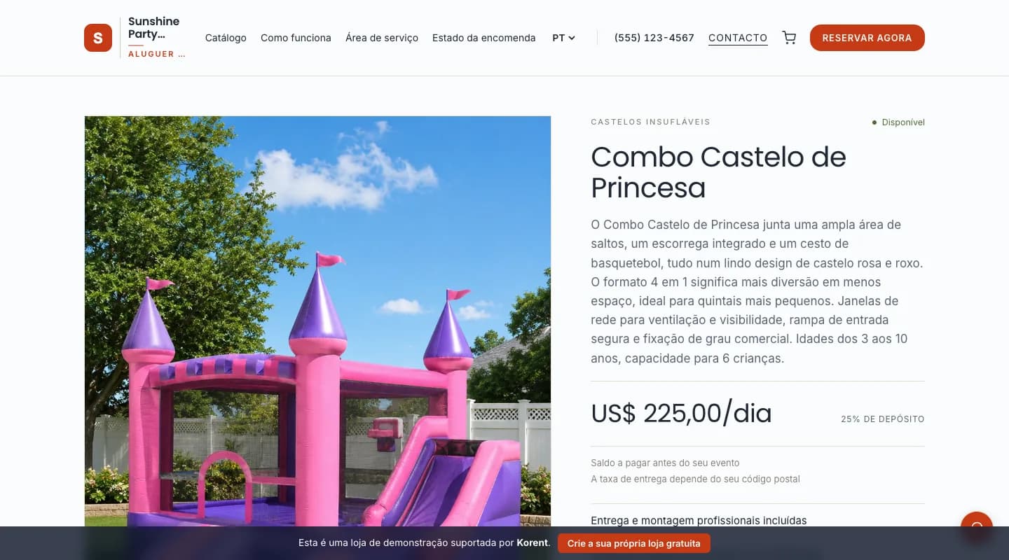 Combo Castelo de Princesa — Alterne entre uso seco e molhado; o preço adicional aparece antes da reserva.