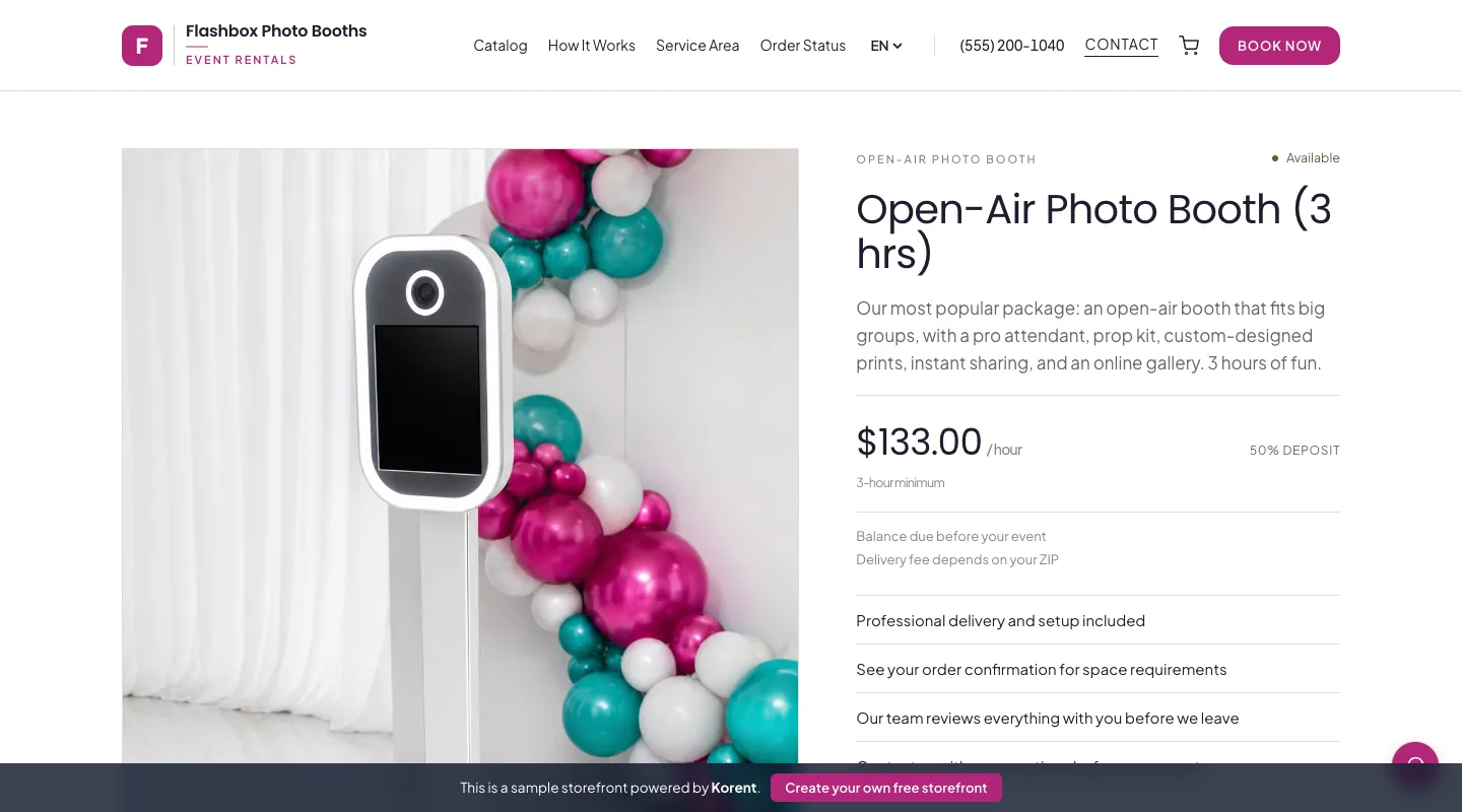 Open-Air Photo Booth (3 hrs) — See the hourly rate, three-hour minimum, and optional backdrop-and-prop upgrade.
