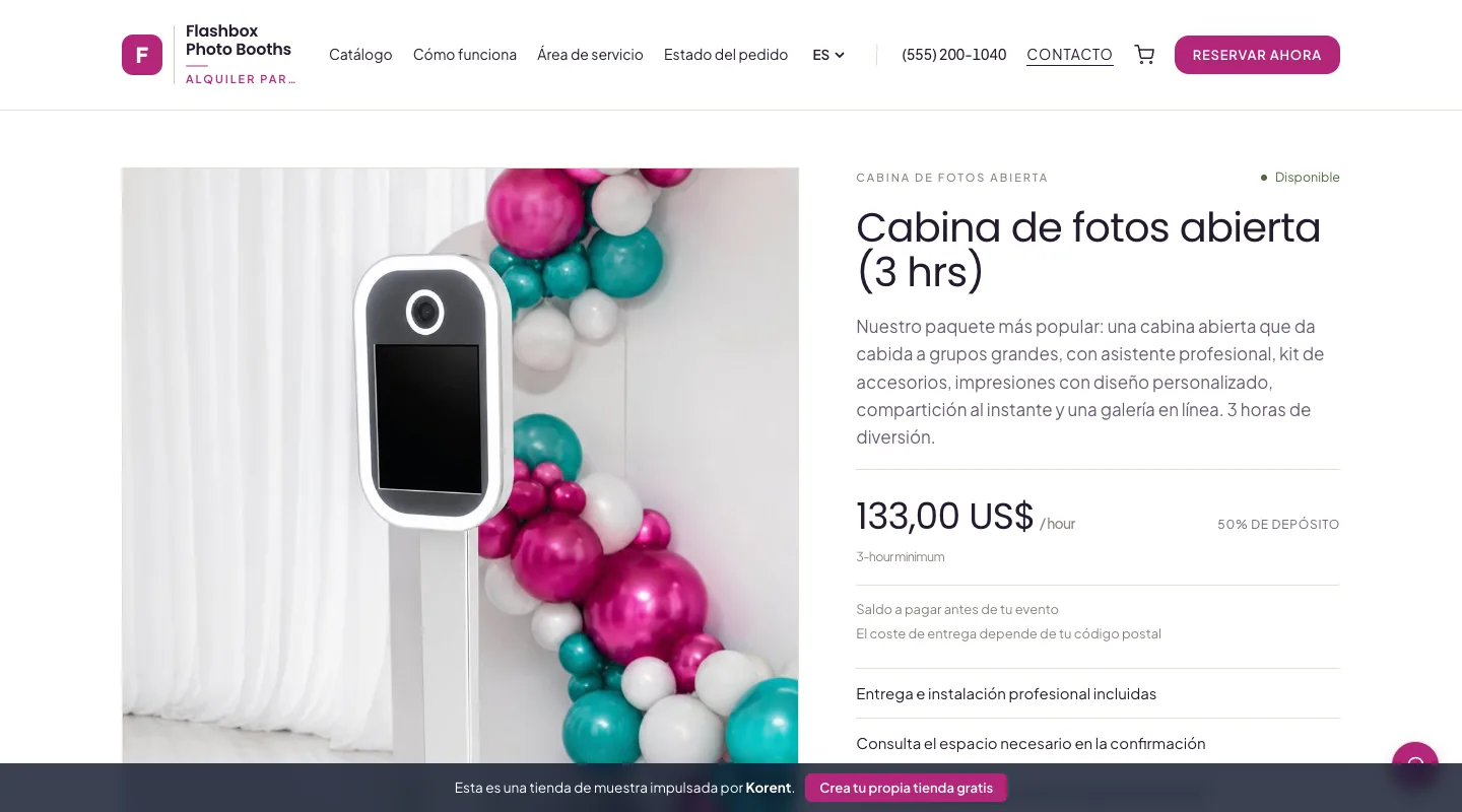Cabina de fotos abierta (3 hrs) — Consulta el precio por hora, el mínimo de tres horas y el extra de fondos y accesorios.