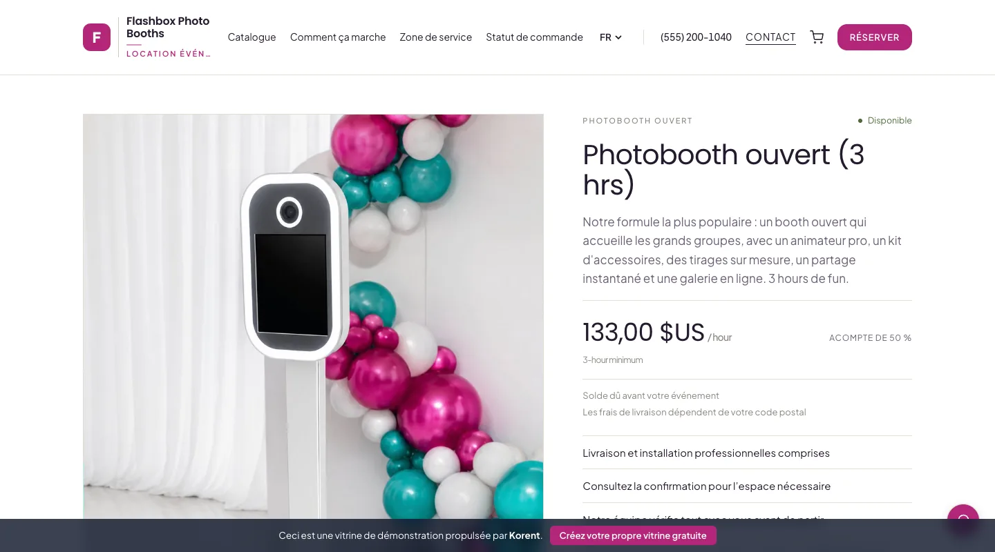 Photobooth ouvert (3 hrs) — Consultez le tarif horaire, le minimum de trois heures et l'option fond et accessoires.