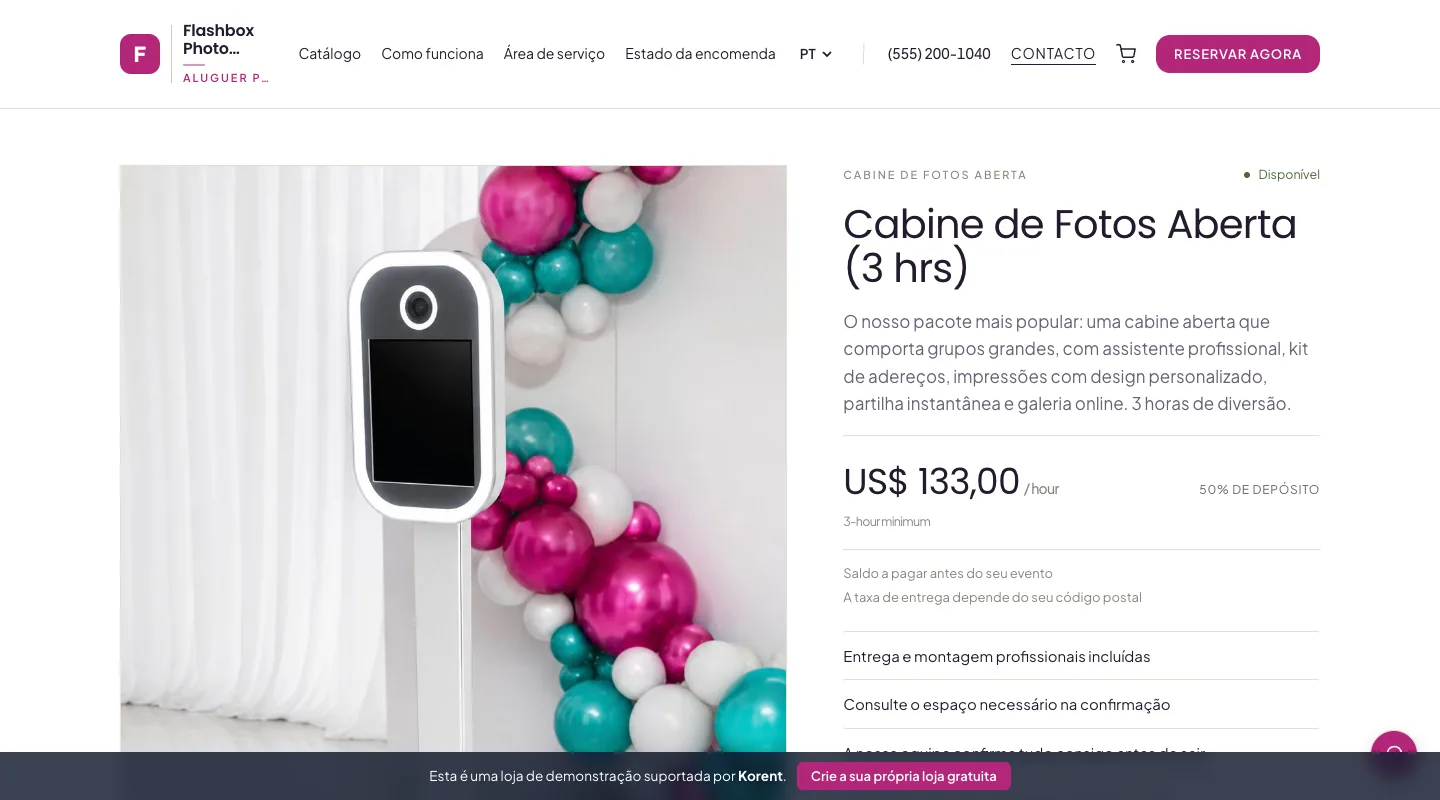 Cabine de Fotos Aberta (3 hrs) — Veja o preço por hora, o mínimo de três horas e o extra de fundos e acessórios.