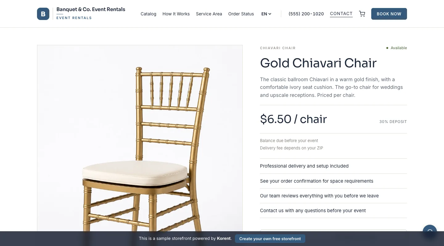Gold Chiavari Chair — Change the chair count and watch the per-unit subtotal update before checkout.