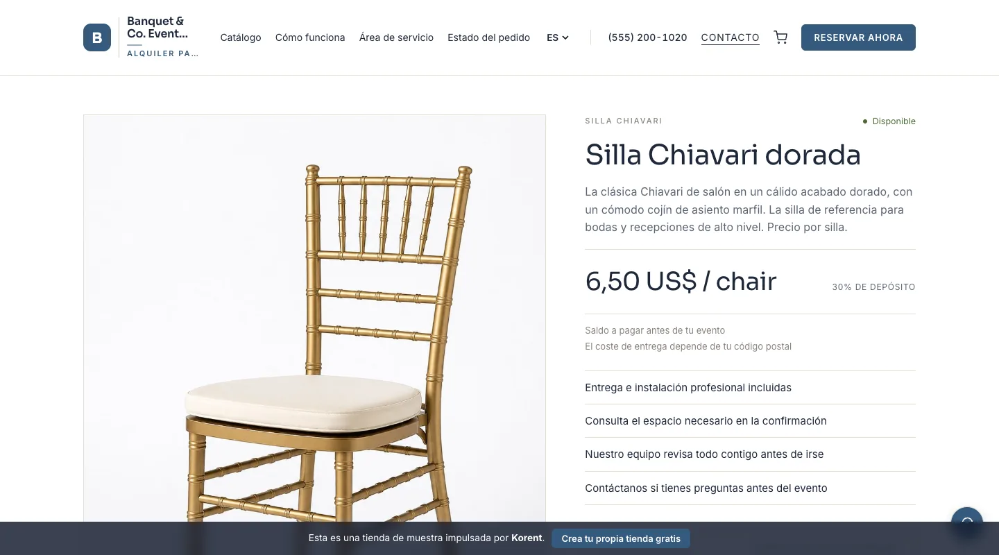 Silla Chiavari dorada — Cambia la cantidad de sillas y observa cómo se actualiza el subtotal por unidad.
