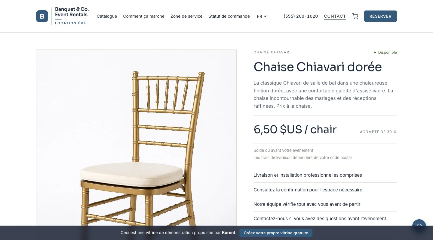 Chaise Chiavari dorée — Modifiez le nombre de chaises et voyez le sous-total par unité se mettre à jour.