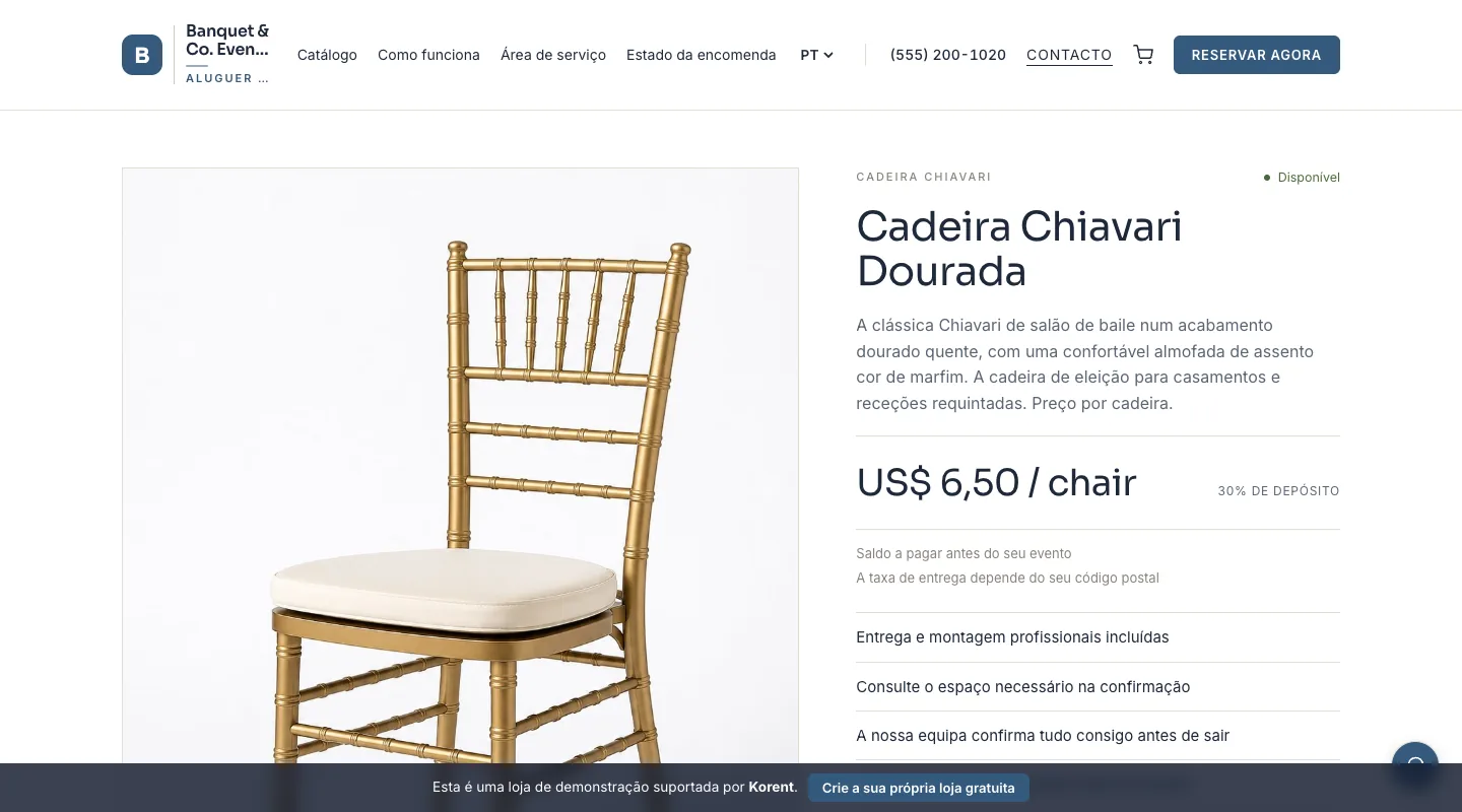 Cadeira Chiavari Dourada — Mude a quantidade de cadeiras e veja o subtotal por unidade ser atualizado.