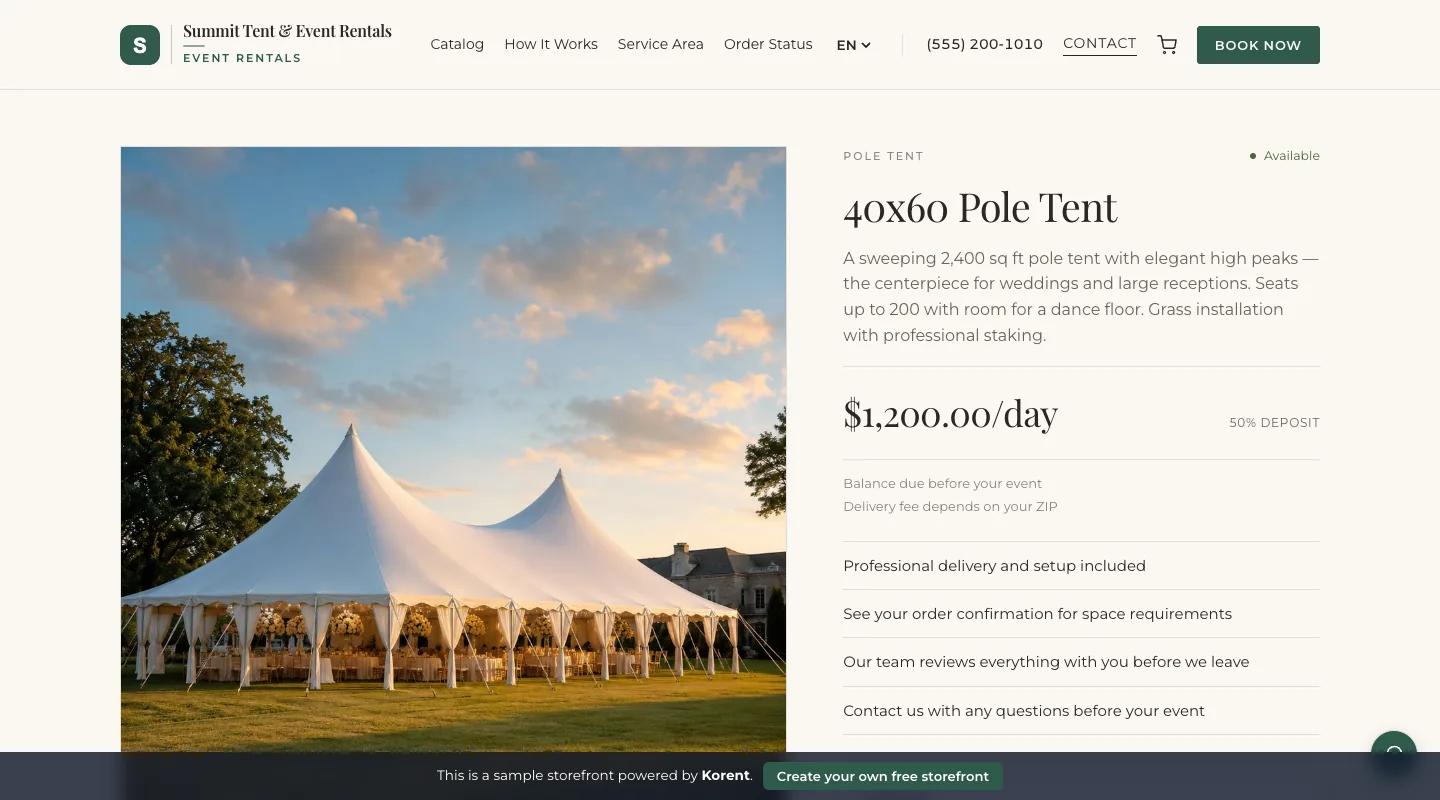 40x60 Pole Tent — See the 200-guest capacity and optional sidewall and lighting add-ons alongside the day rate.