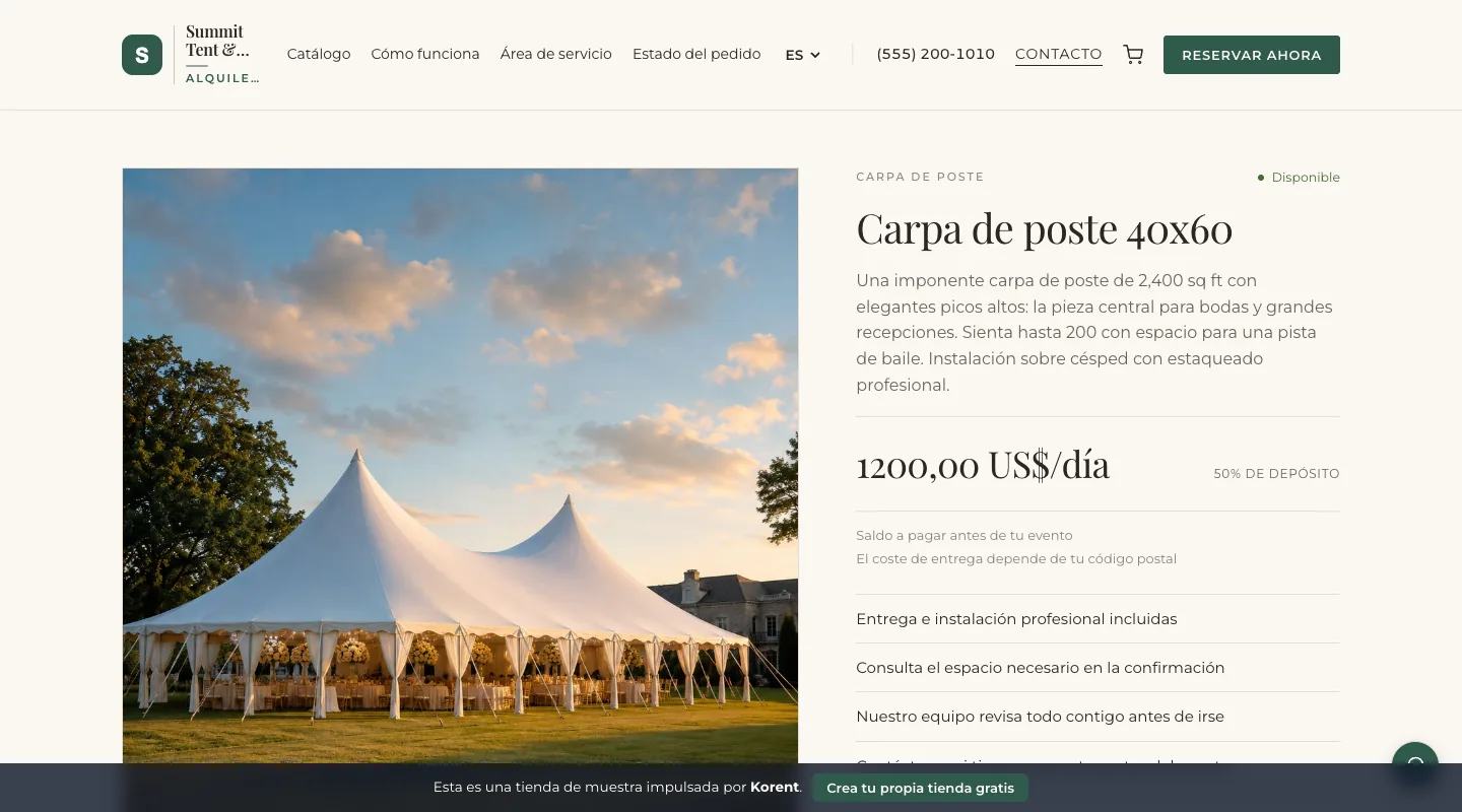 Carpa de poste 40x60 — Consulta la capacidad para 200 invitados y los extras de paredes y luces junto al precio diario.