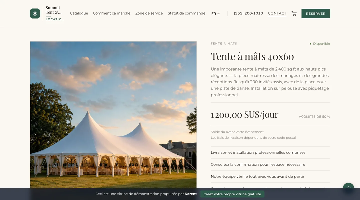 Tente à mâts 40x60 — Consultez la capacité de 200 invités et les options de parois et d'éclairage avec le tarif journalier.