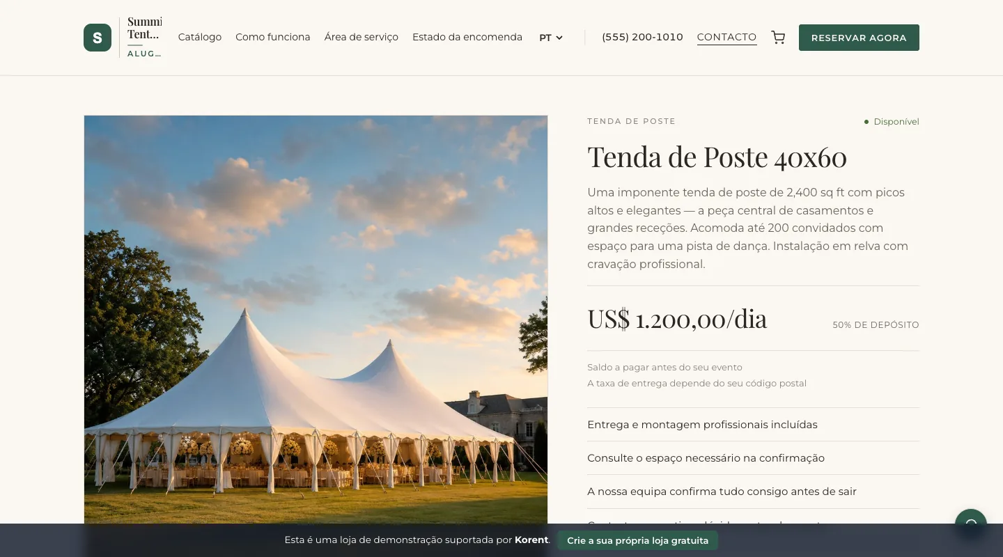 Tenda de Poste 40x60 — Veja a capacidade para 200 convidados e os extras de laterais e iluminação junto da diária.