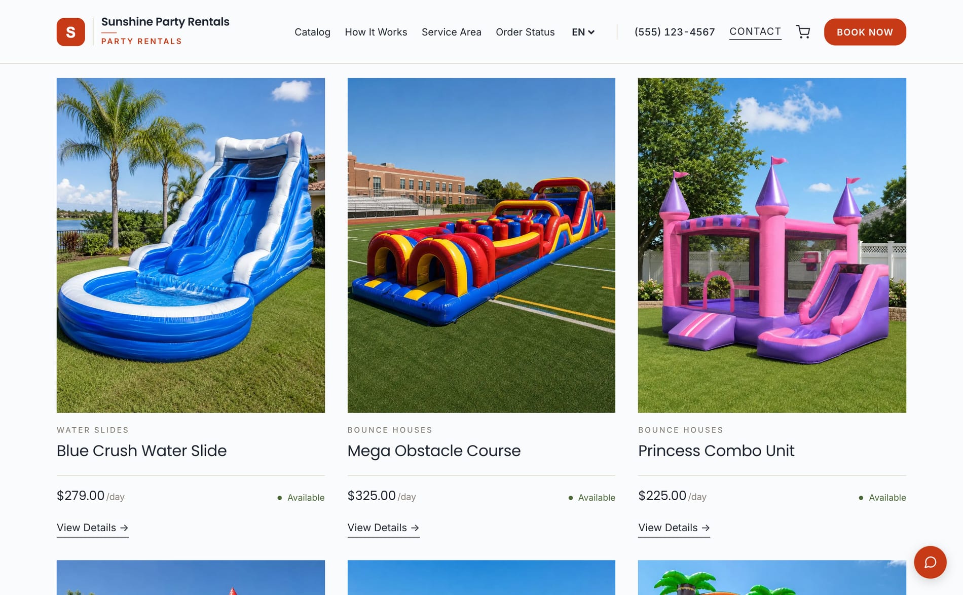 A Korent storefront catalogue: rental products with photos, daily prices and live availability.